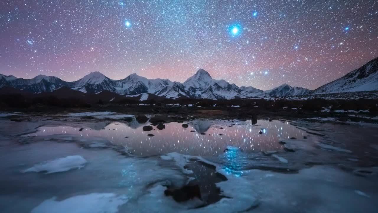 4K60P延时摄影 日转夜日落水面雪山倒影冰面星空移动视频视频素材