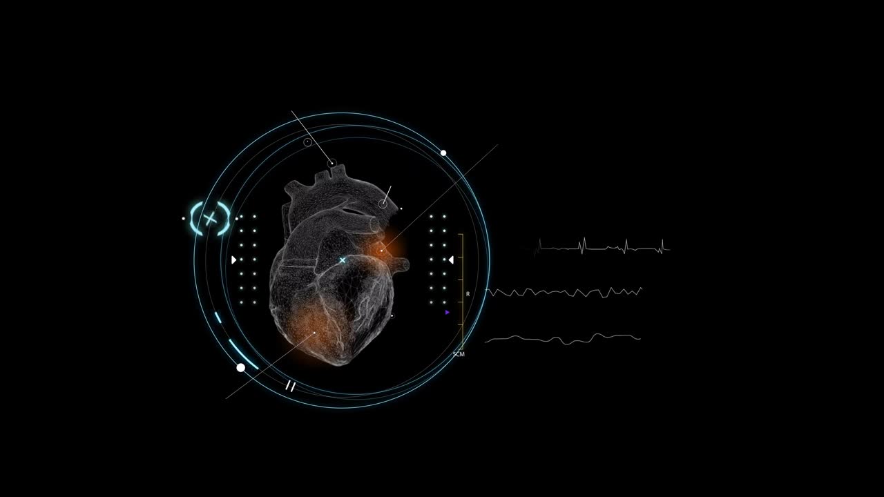 人类心脏被能量流包围的3D全息图-未来HUD解剖信息图- 4K视频素材