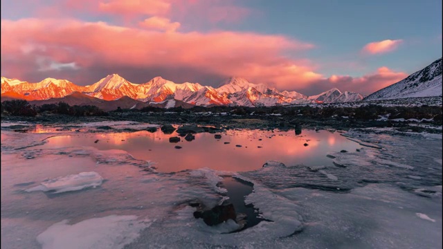 4K60P延时摄影 日落火烧云雪山冰面倒影日转黑夜视频视频素材