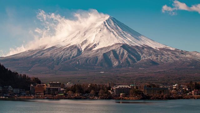 日本富士山和周围流动的云固定机位延时摄影视频素材