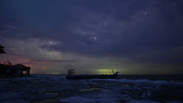 黑龙江鸡西：中俄界湖兴凯湖融化期星空延时视频视频下载