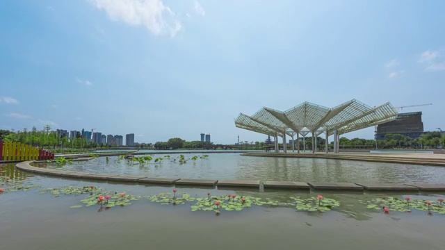 延时摄影，广东佛山平洲，文瀚湖公园，广州南站视频素材