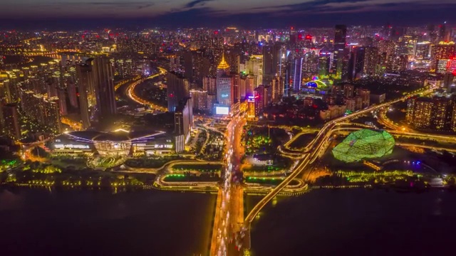 沈阳城浑河桥夜景航拍大范围延时摄影视频素材