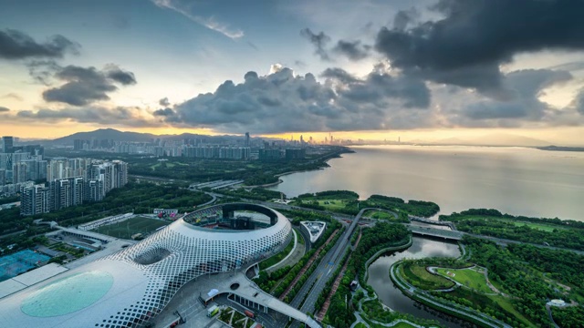 广东省深圳市南山区深圳湾日出高视角延时摄影视频素材