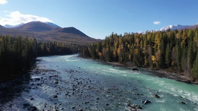 新疆阿勒泰地区布尔津喀纳斯景区喀纳斯河与雪山村庄秋季航拍视频下载