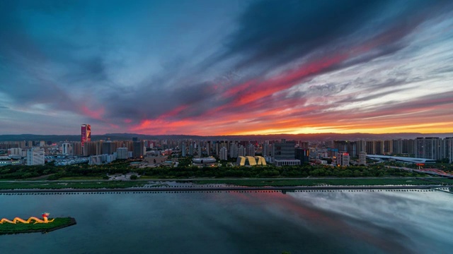 太原市山西博物院 太原图书馆日落火烧云延时视频素材