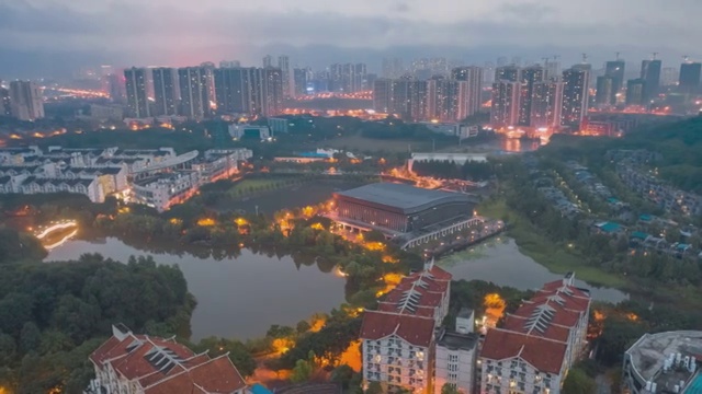 4K30P下雨天学校湖泊夜景航拍环绕大范围延时视频素材