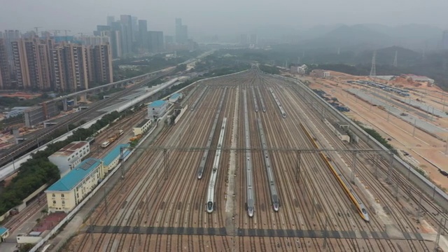 广东省深圳市龙华区深圳北站车库深圳动车运用所航拍视频素材