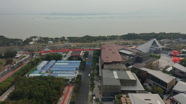 广东省深圳市南山区深圳湾公园欢乐海岸香港大学深圳医院航拍视频素材