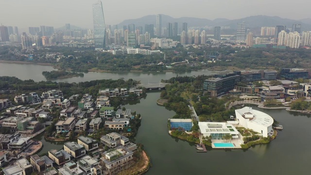 广东省深圳市南山区深圳湾公园欢乐海岸香港大学深圳医院航拍视频素材