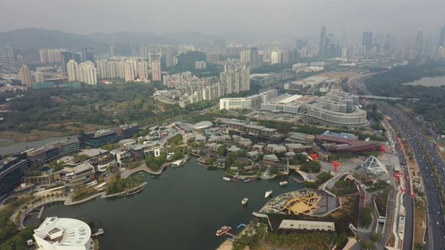 广东省深圳市南山区深圳湾公园欢乐海岸香港大学深圳医院航拍视频素材