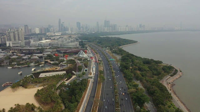 广东省深圳市南山区深圳湾公园欢乐海岸香港大学深圳医院航拍视频素材