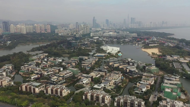 广东省深圳市南山区深圳湾公园欢乐海岸香港大学深圳医院航拍视频素材