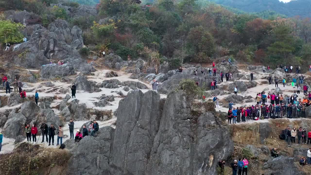 婺源石城红叶风景区人山人海壮观视频素材