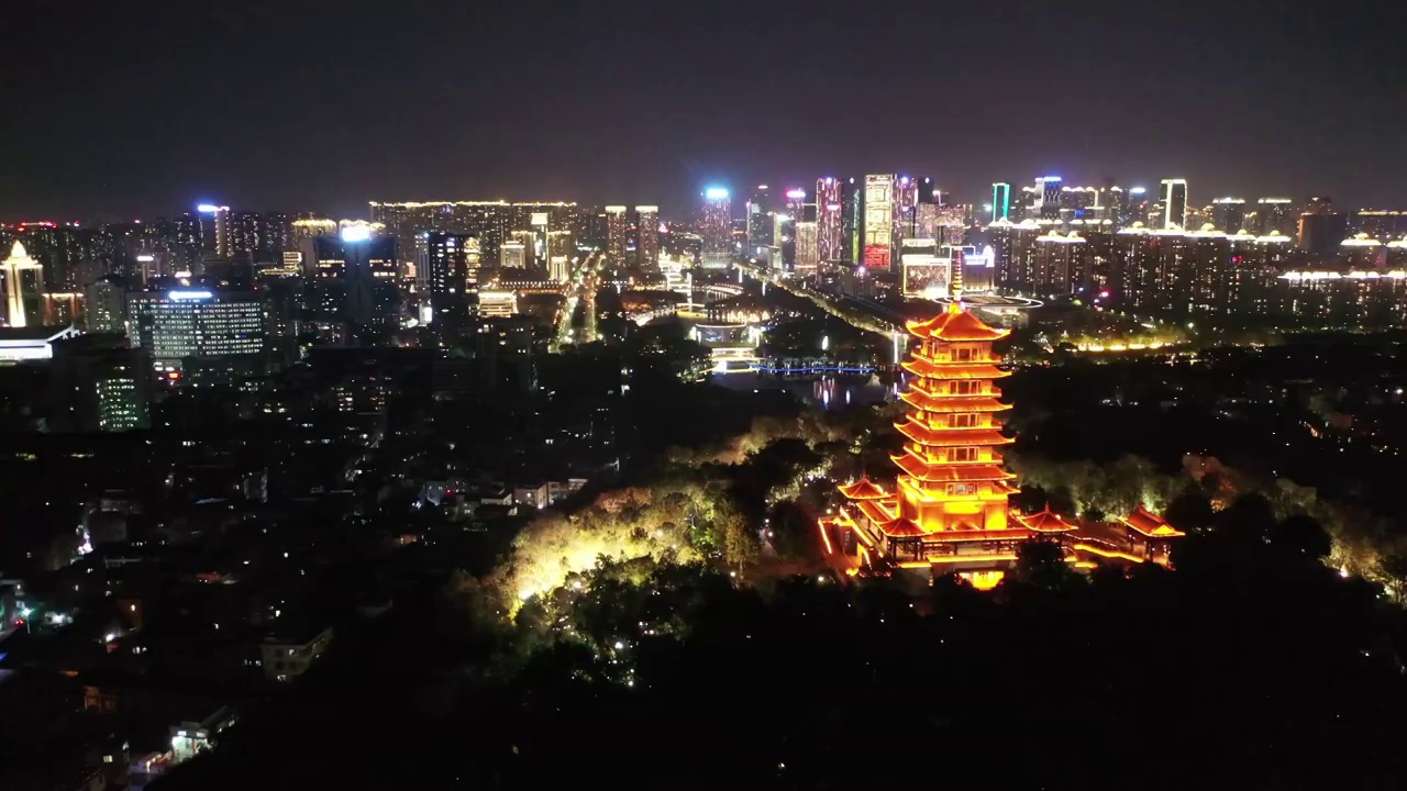 佛山市南海区千灯湖礌岗公园的魁星阁夜景视频素材