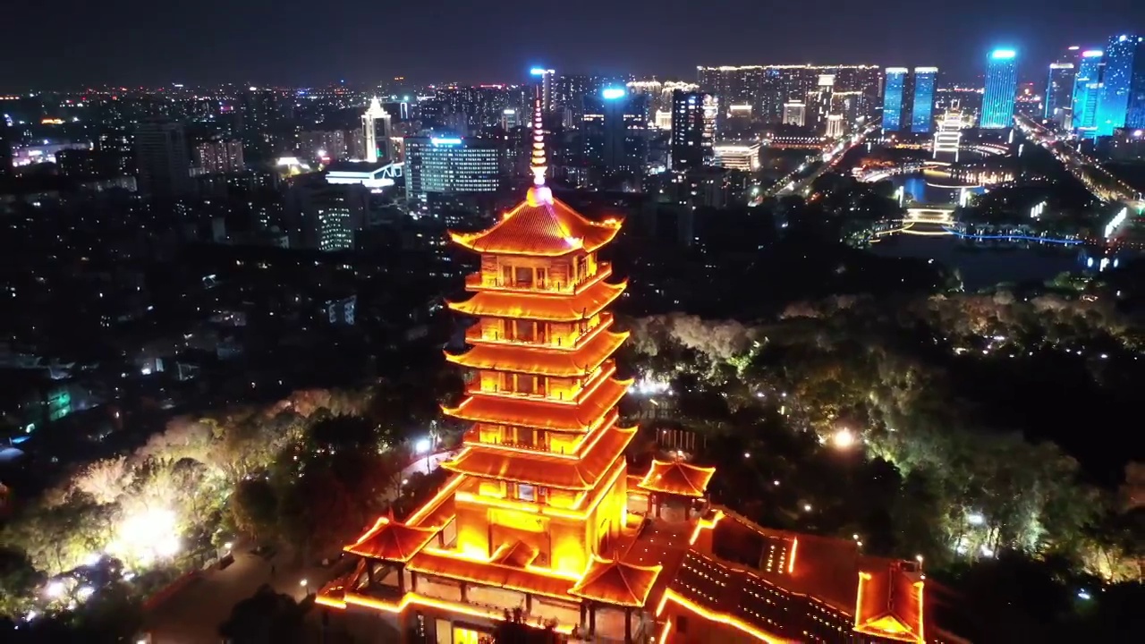 佛山市南海区千灯湖礌岗公园的魁星阁夜景视频素材