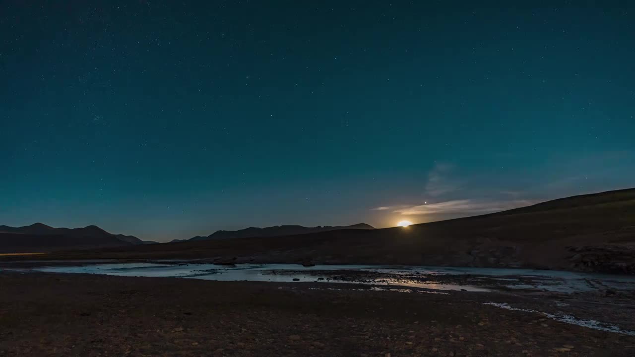 延时摄影西藏风光达格架温泉月亮升起视频素材