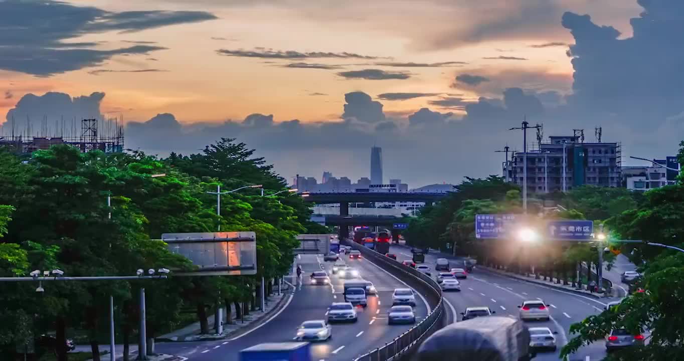 东莞日转夜延时，车轨，晚霞视频素材