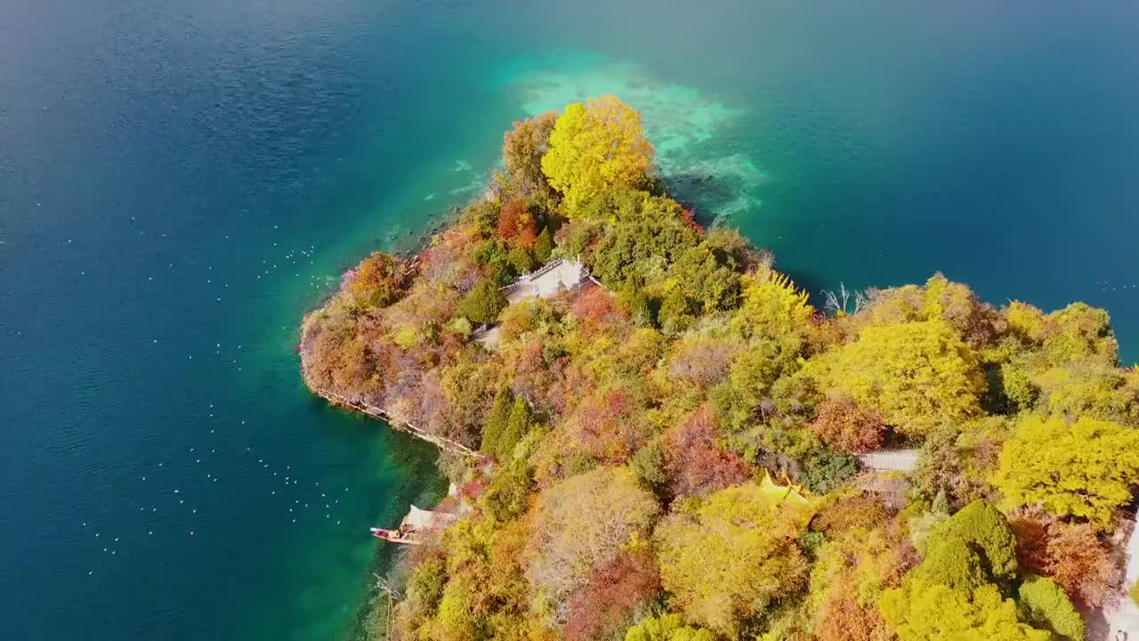 航拍云南丽江泸沽湖大洛水村秋色自然风光视频素材