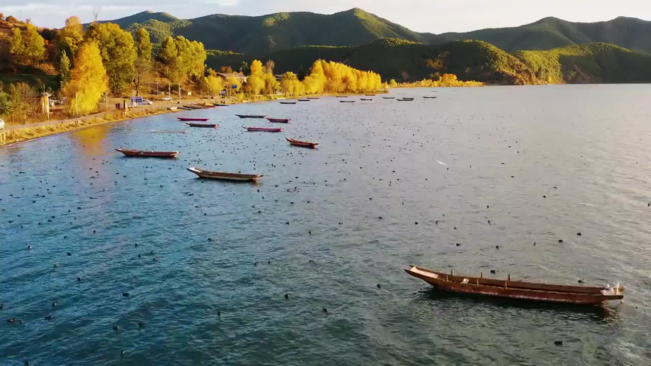 航拍云南丽江泸沽湖旅行自然风光视频素材