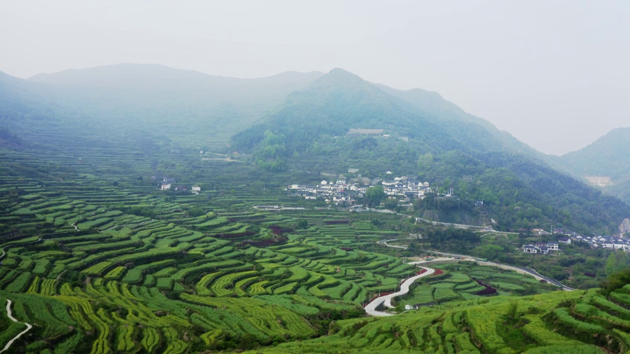 早晨薄雾中的覆卮山梯田航拍视频素材