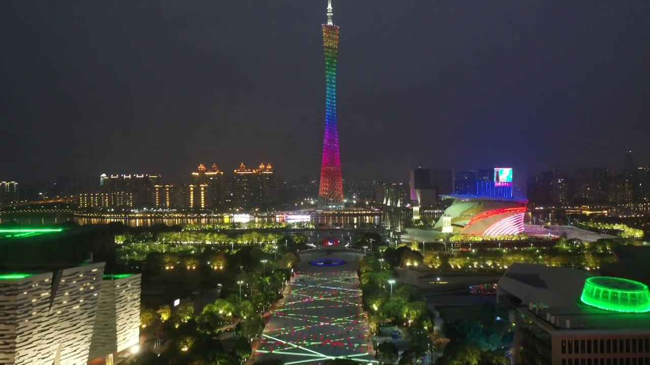 广东省广州市天河CBD珠江新城地标广州塔夜景航拍视频素材