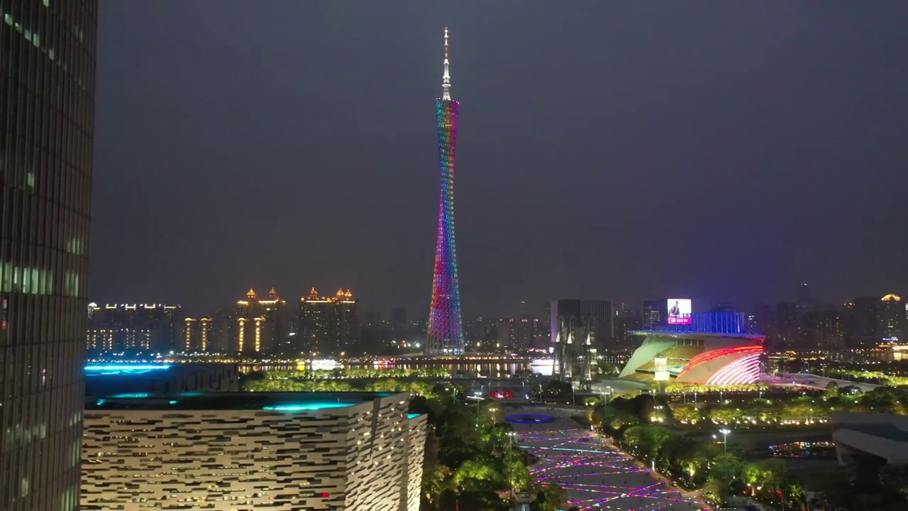 广东省广州市天河CBD珠江新城地标广州塔夜景航拍视频素材