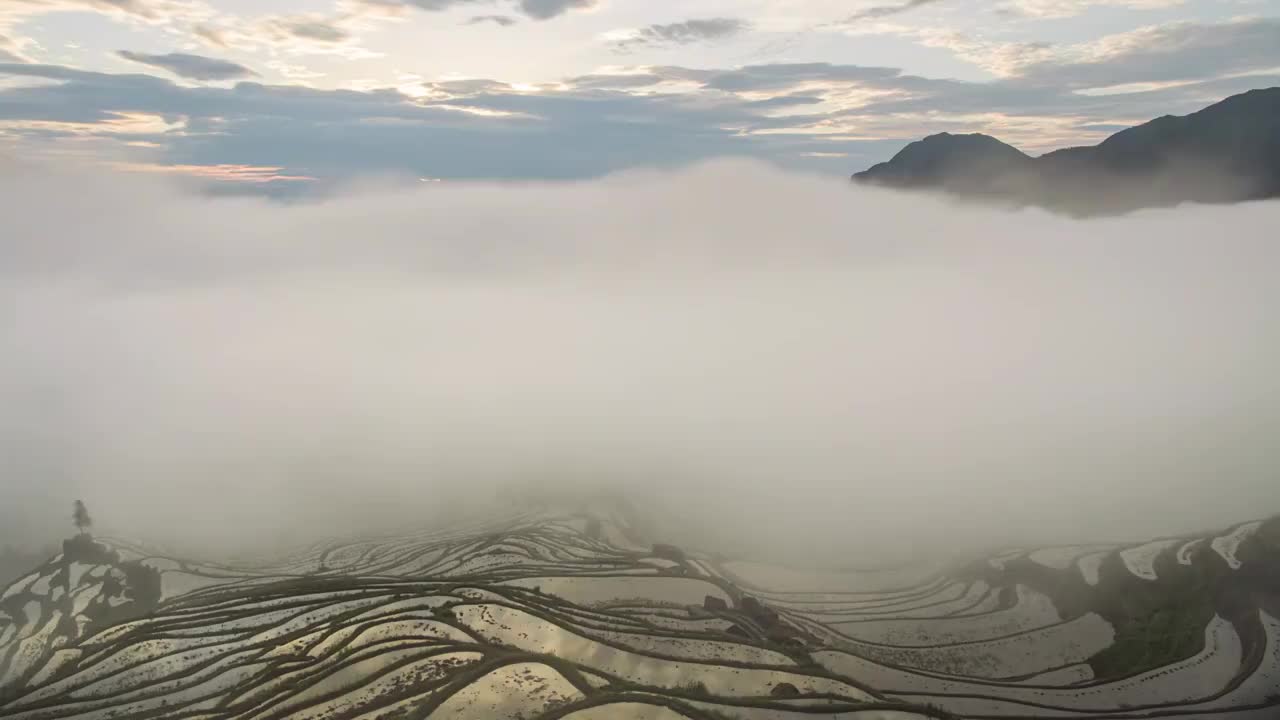 延时拍摄春天的云和梯田云海翻腾日出视频素材