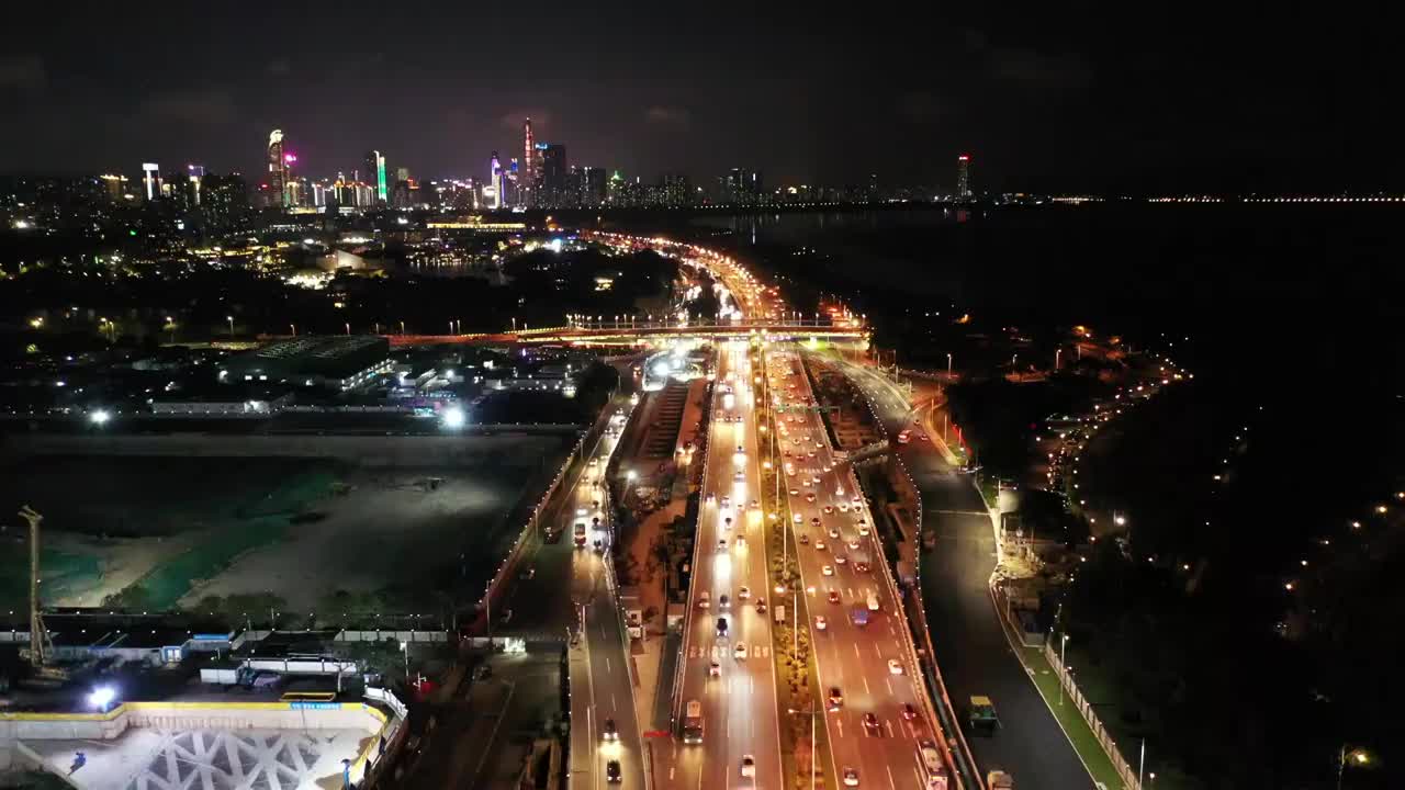 广东省深圳市南山区深圳湾红树林公园欢乐海岸夜景航拍视频素材