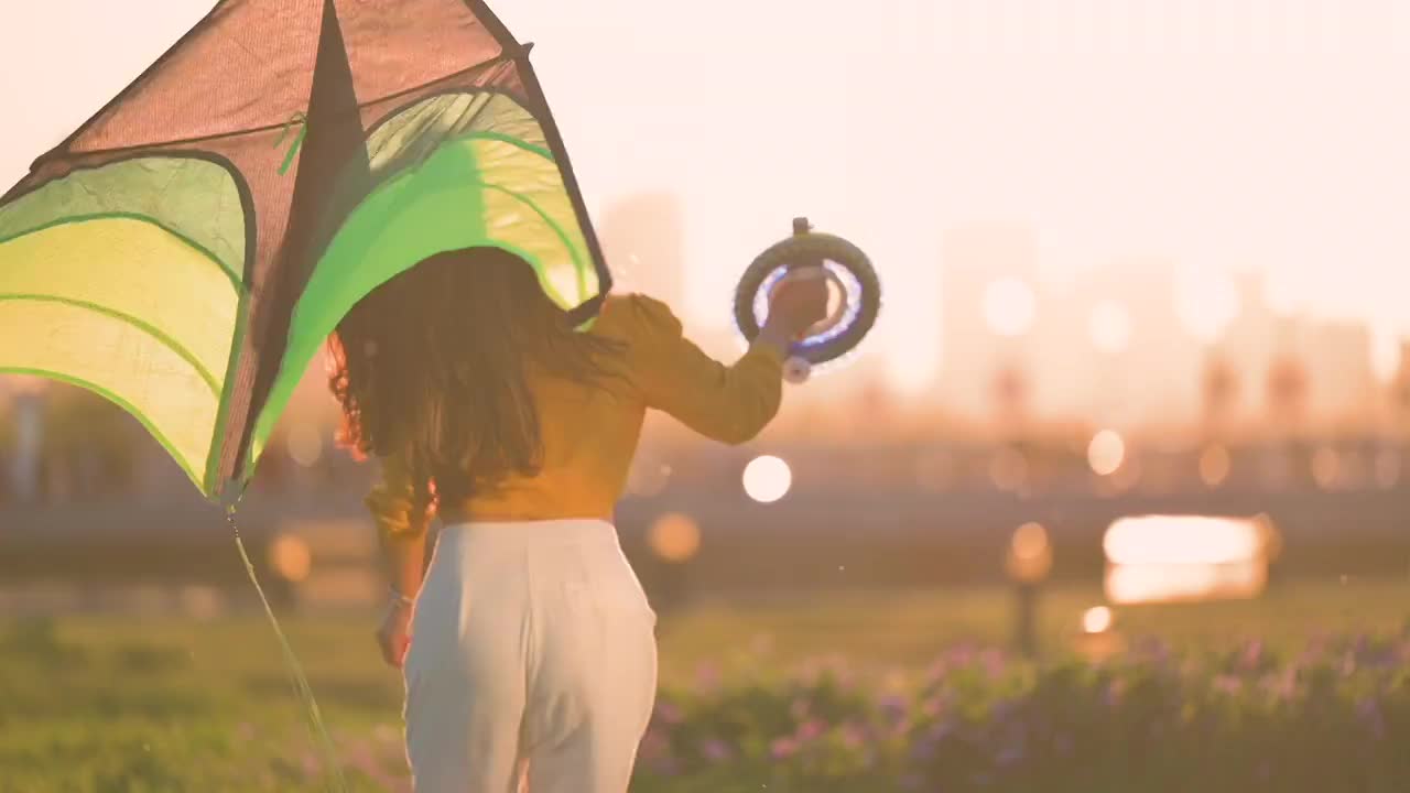 唯美女孩奔跑放风筝花海黄昏日落夕阳视频素材