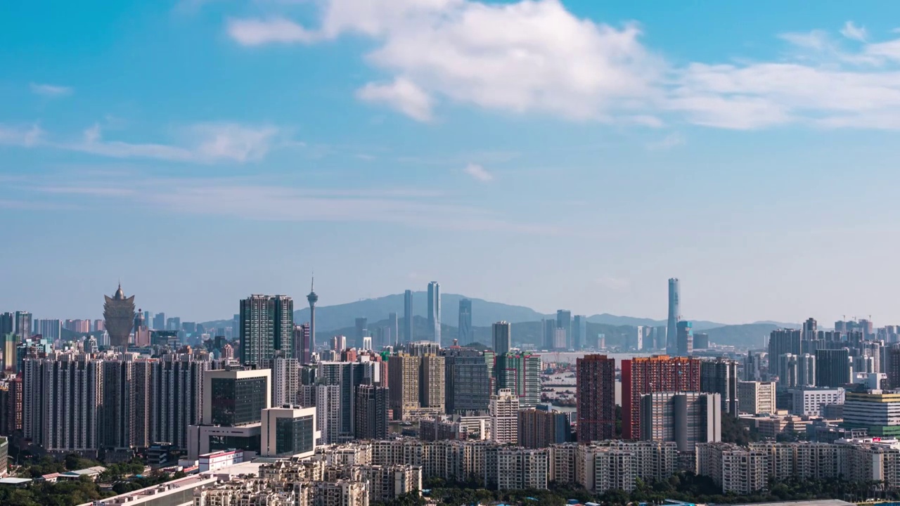 粤港澳大湾区澳门与珠海横琴城市天际线白昼延时视频素材