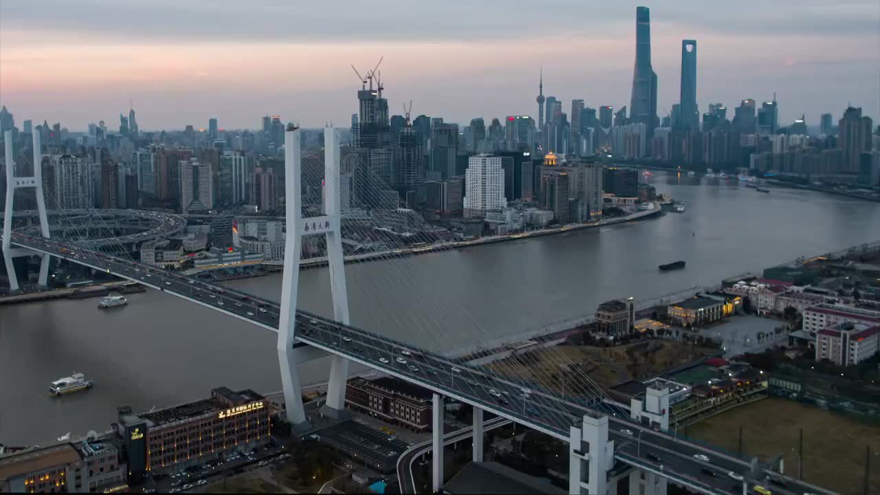 航拍上海南浦大桥，城市夜景。视频素材