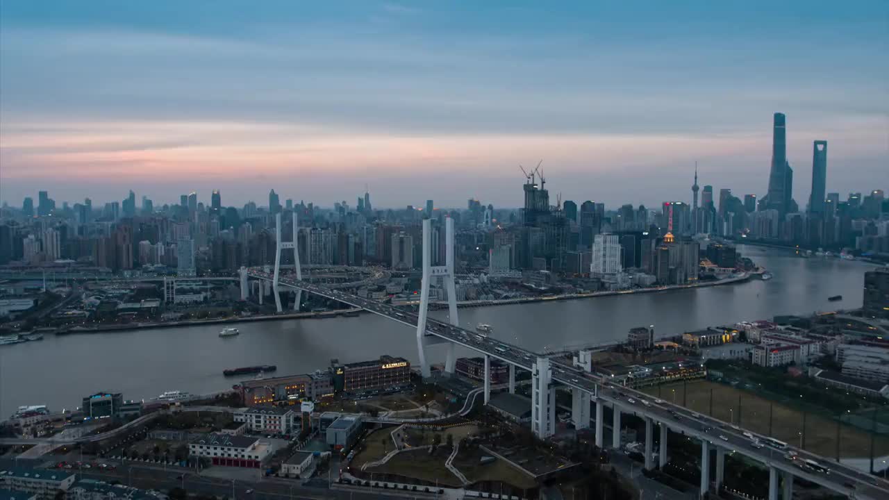 航拍上海南浦大桥，城市夜景。视频素材