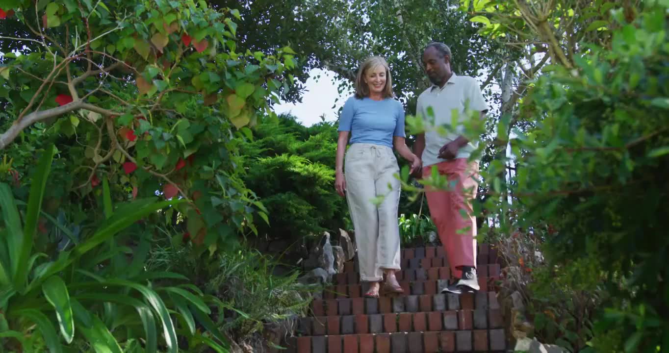 不同的老夫妇在他们的花园里散步，在阳光下手牵着手交谈视频素材