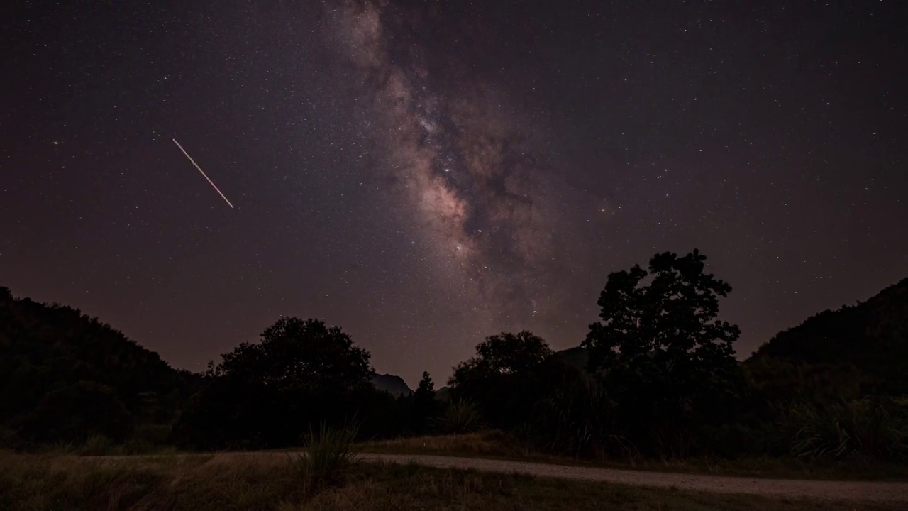 夏日夜晚晴空银河银心和树木地面视频素材