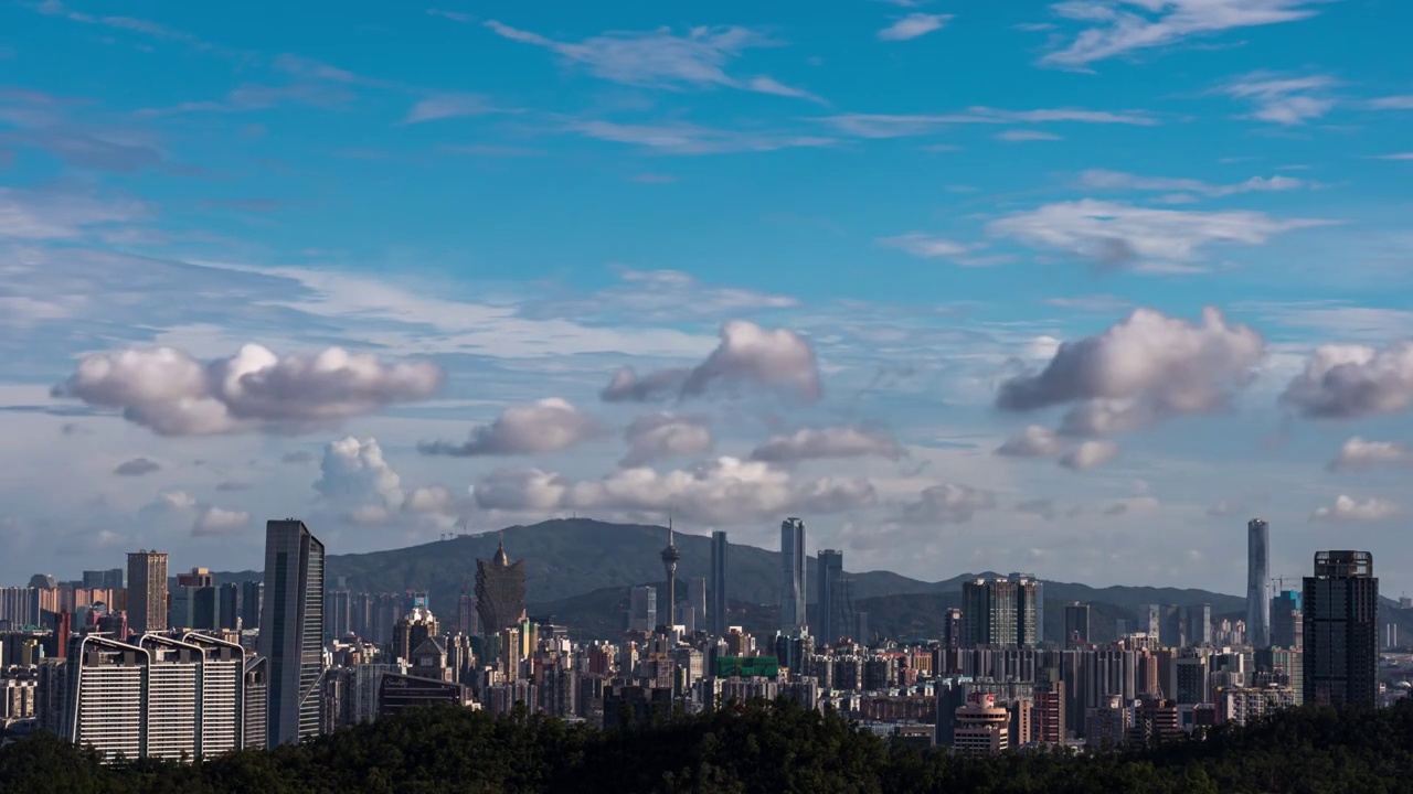 粤港澳大湾区珠海横琴与澳门城市天际线白昼延时视频素材