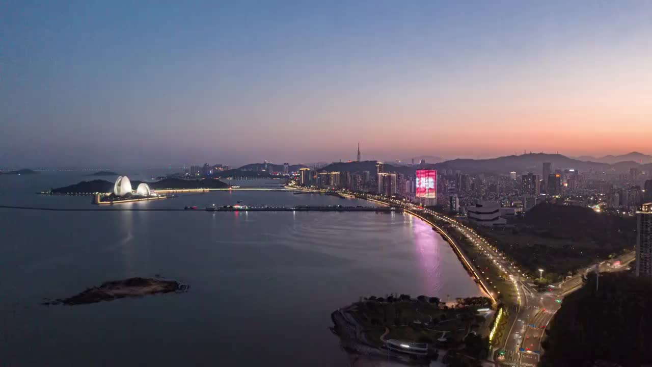 航拍珠海大剧院日月贝日落夜景视频素材