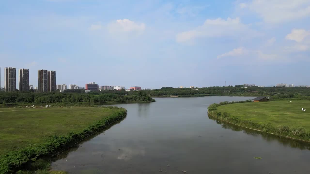 成都市青龙湖湿地公园蓝天白云湖泊航拍视频素材