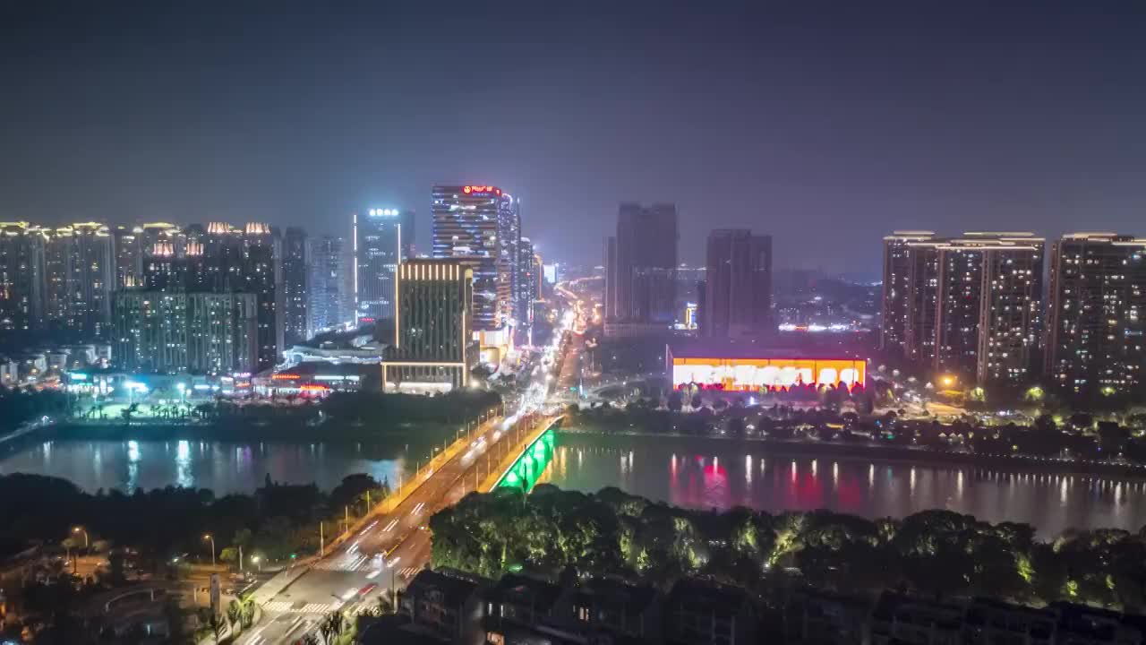 浙江义乌总部中心夏季夜景4K延时航拍视频素材