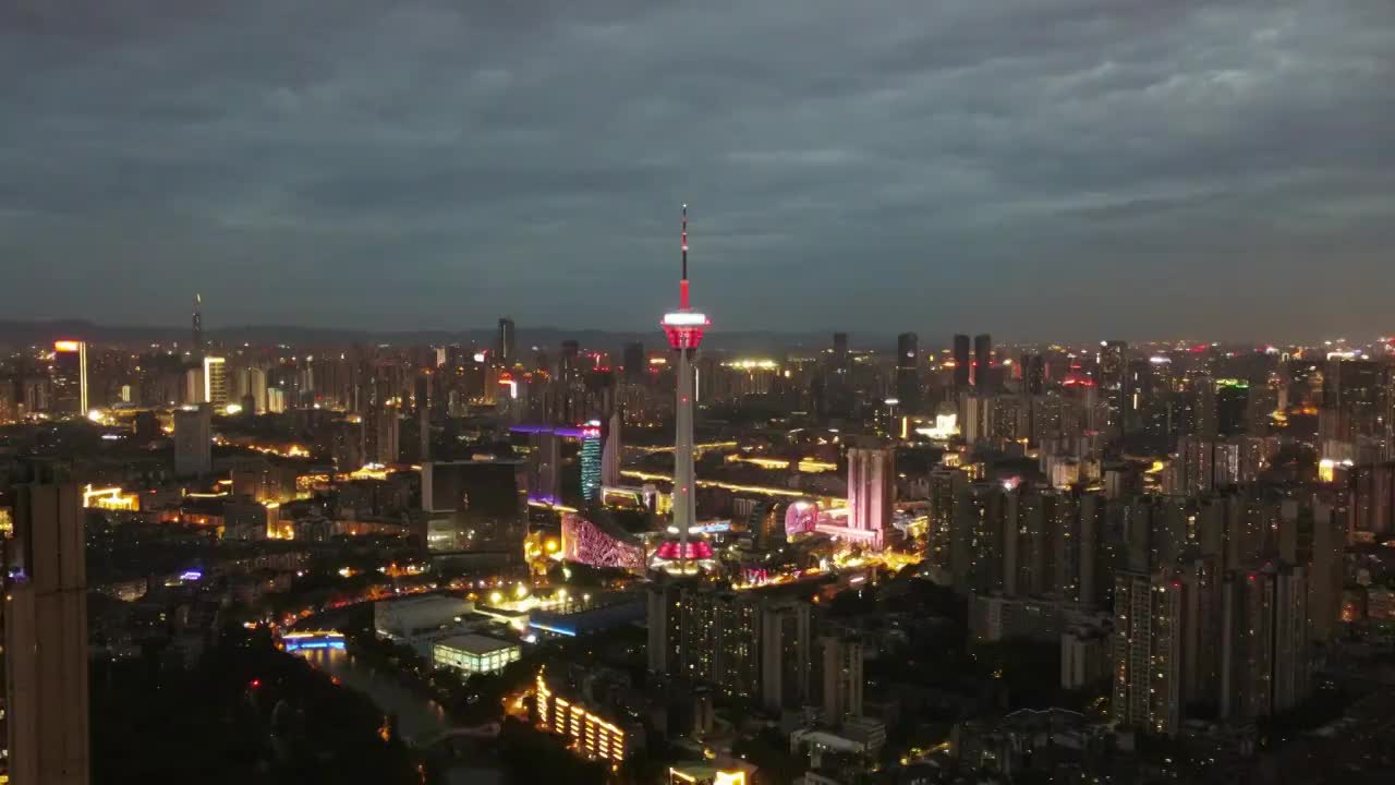 成都339电视塔夜景航拍延时视频素材