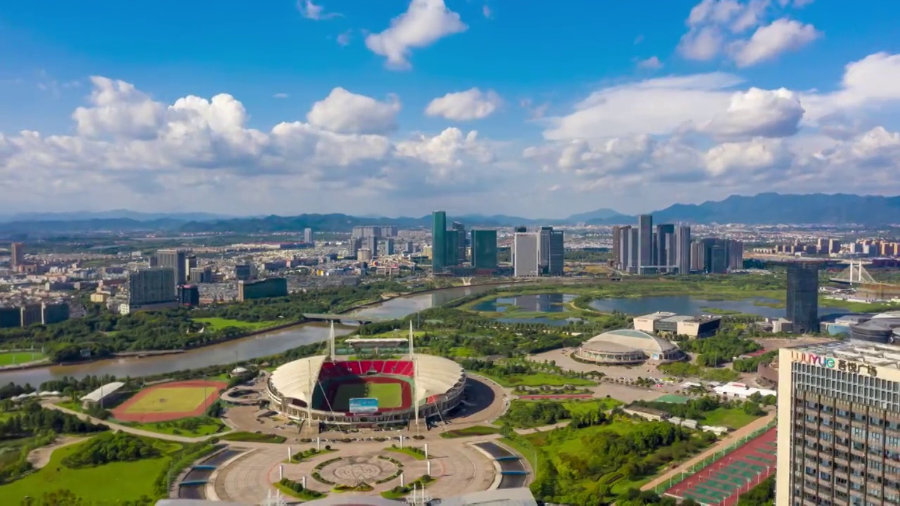 浙江义乌夏季城市地标风景4K延时航拍视频素材