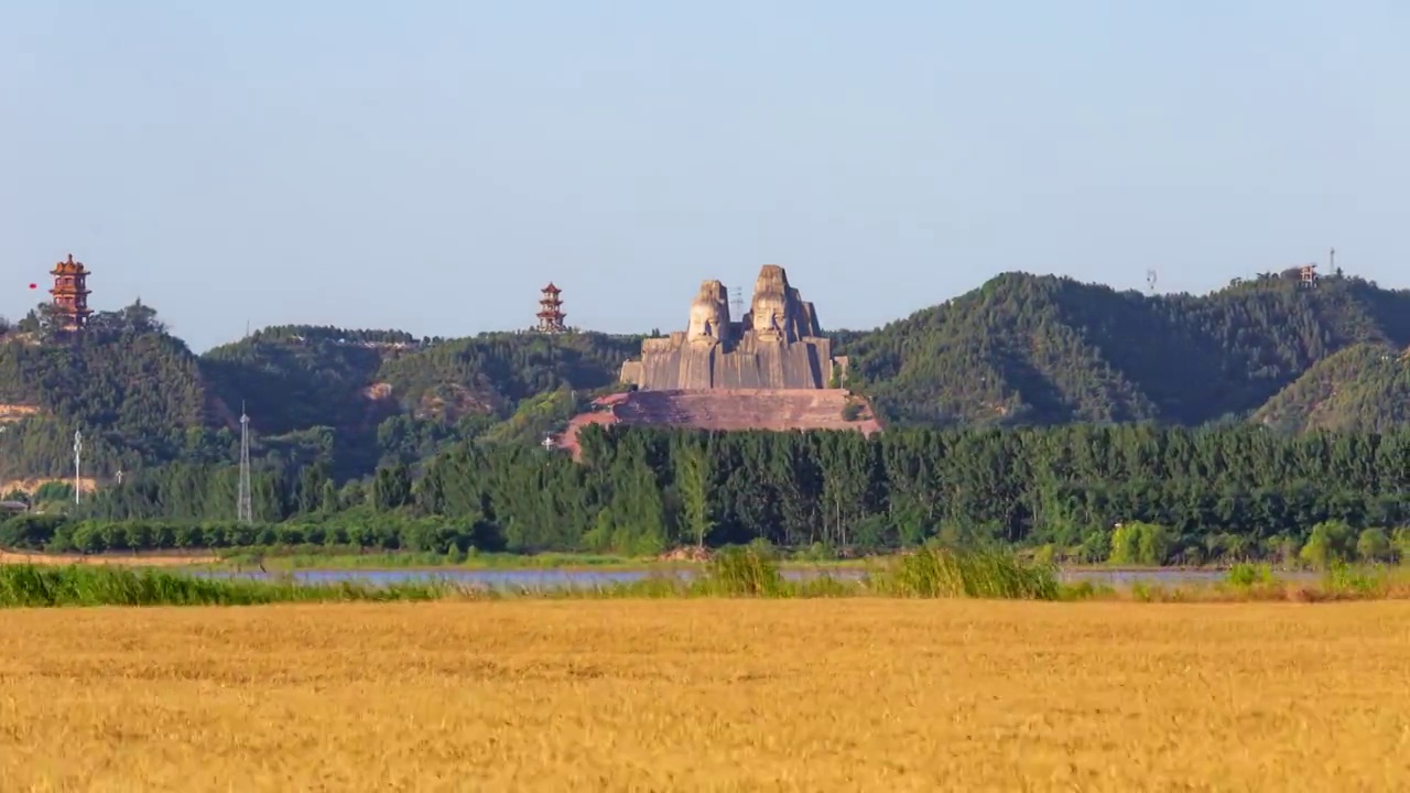 中国河南郑州黄河风景名胜区炎黄二帝塑像美丽乡村延时视频视频下载