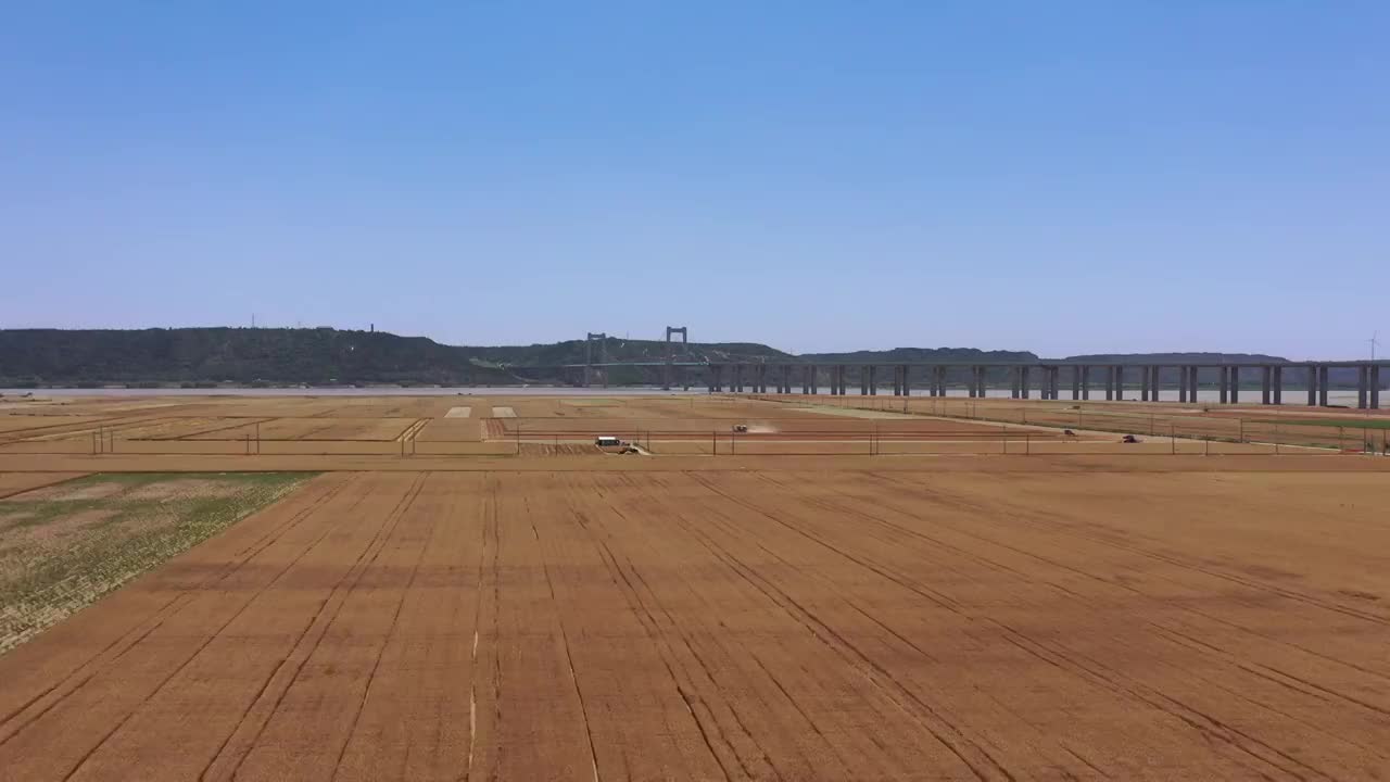 夏季河南黄河边麦田成熟联合收割机收获场景与桃花峪黄河大桥航拍视频素材