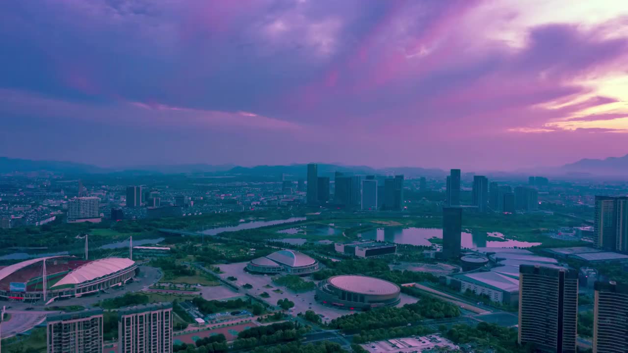 浙江义乌城市地标朝霞风光4K延时短片视频素材