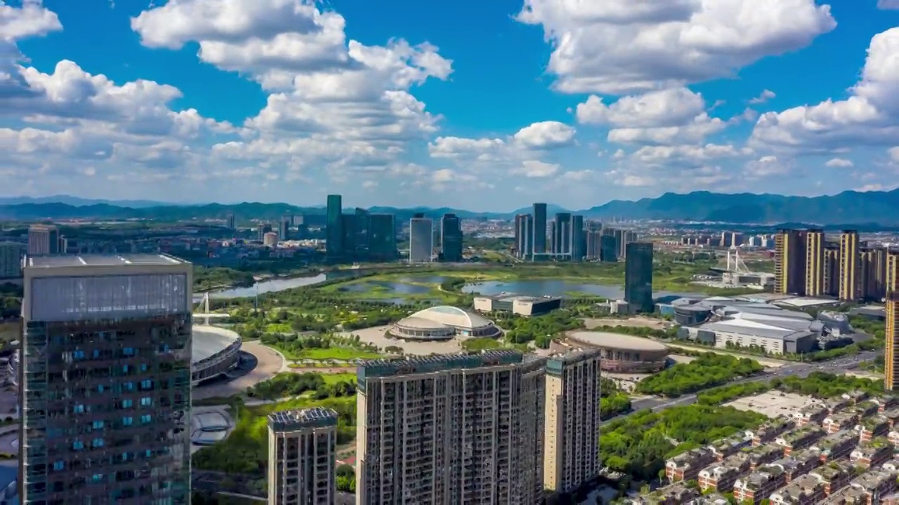 浙江义乌城市地标风光4K延时航拍视频素材