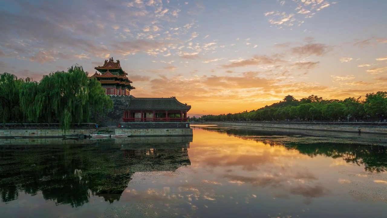 故宫角楼日转夜延时-晚霞和灯光夜景视频下载