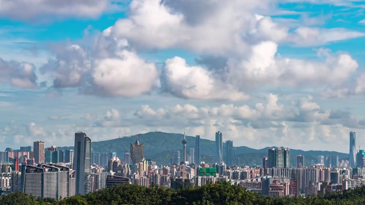 大湾区澳门与珠海横琴城市天际线白昼延时视频素材