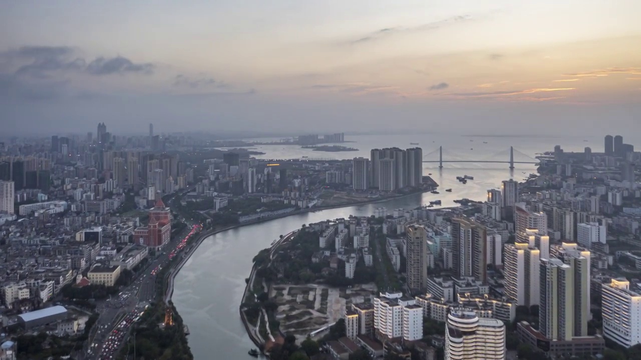 航拍海口海甸河落日延迟视频素材