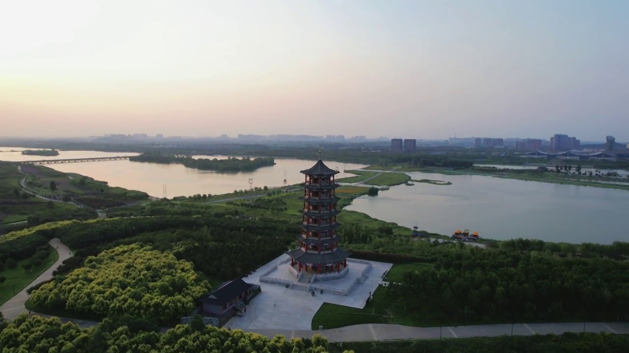 航拍滹沱河湿地宝塔视频素材