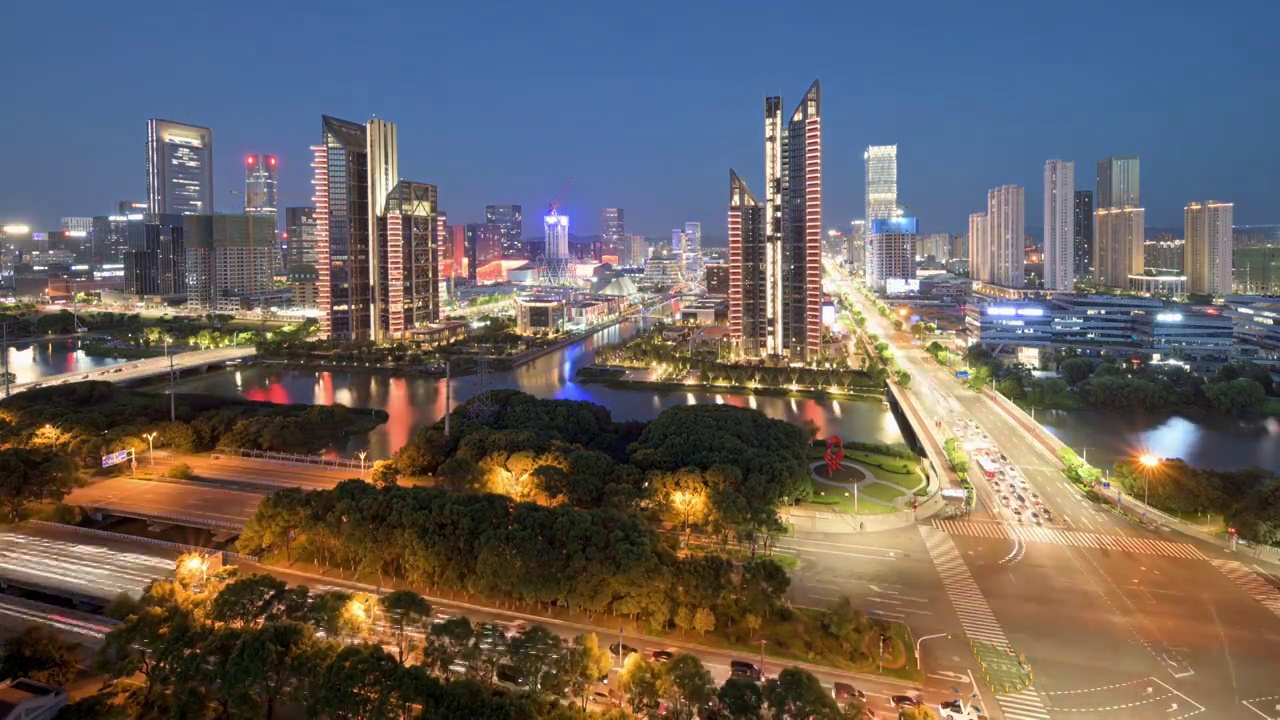 宁波，东部新城，夜景，延时，4K，银行，金融视频素材